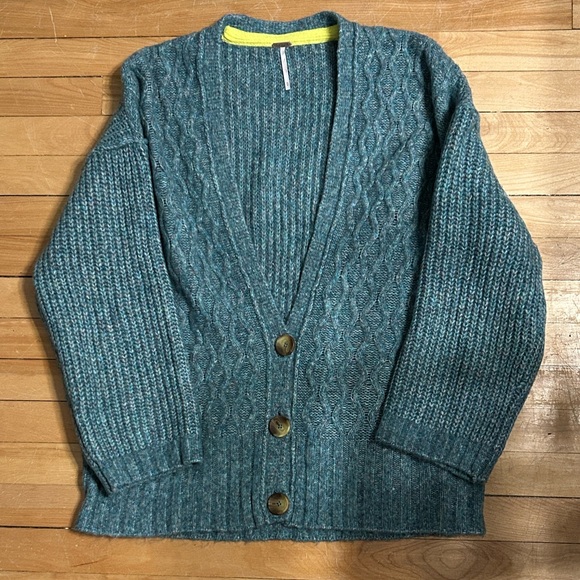 Free People Molly Teal Multi Cable Knit Cardigan Sweater - Picture 7 of 7
